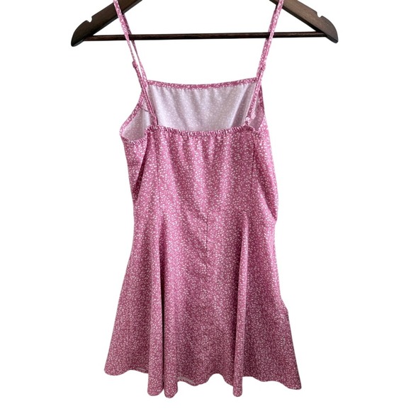 Pink Floral Mini Dress Spaghetti Strap Fit & Flare Sheer Overlay No Tag - Picture 2 of 3